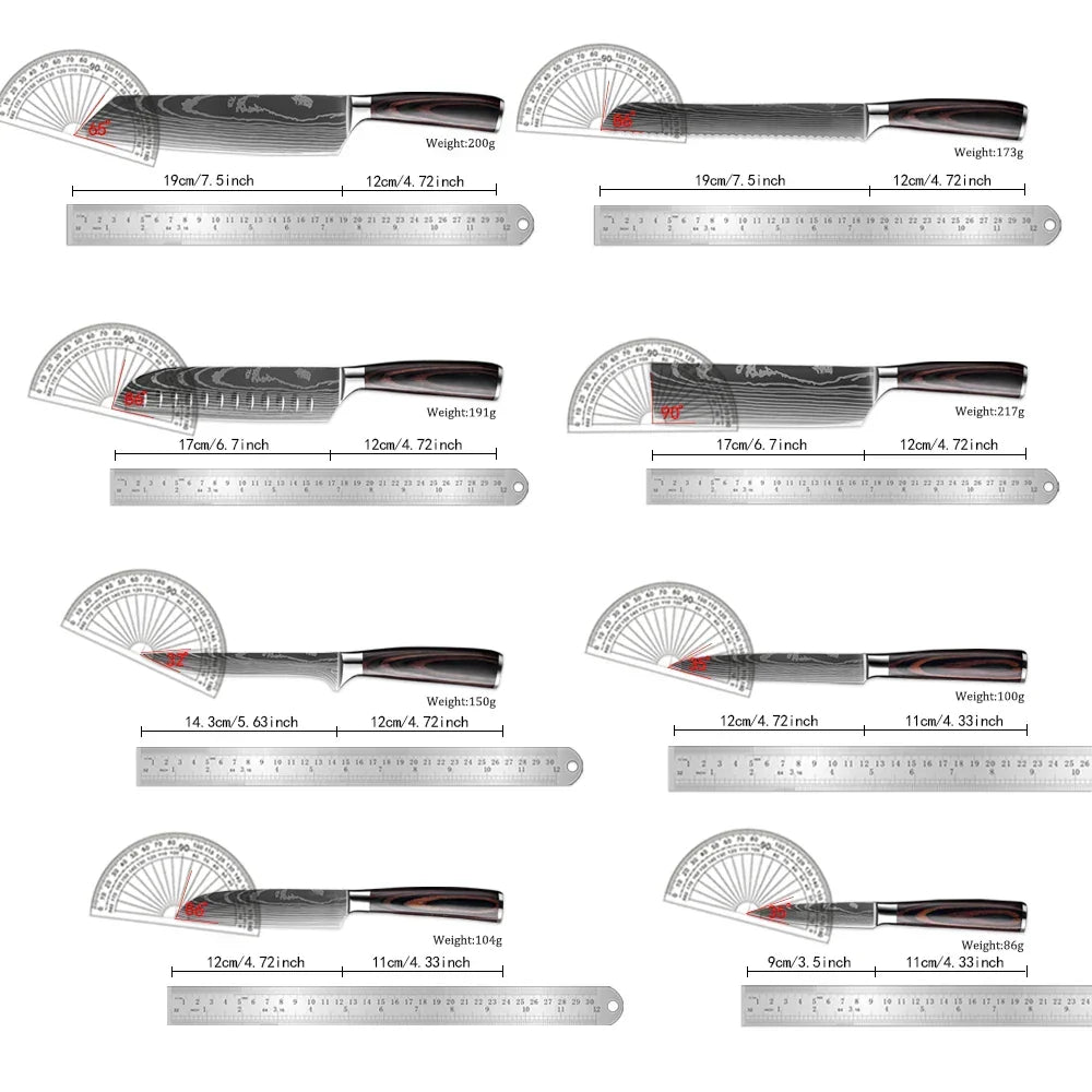 Kitchen Knife Collection - 1-9 Pieces Stainless Steel Chef, Santoku & Fruit Knives with Ergonomic Pakkawood Grip