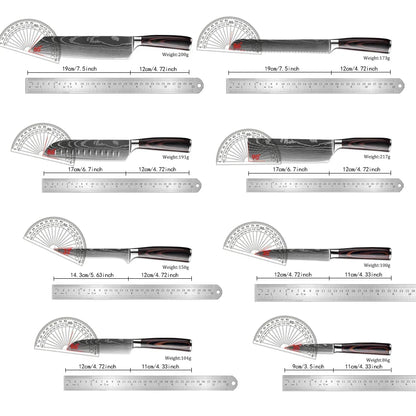 Kitchen Knife Collection - 1-9 Pieces Stainless Steel Chef, Santoku & Fruit Knives with Ergonomic Pakkawood Grip