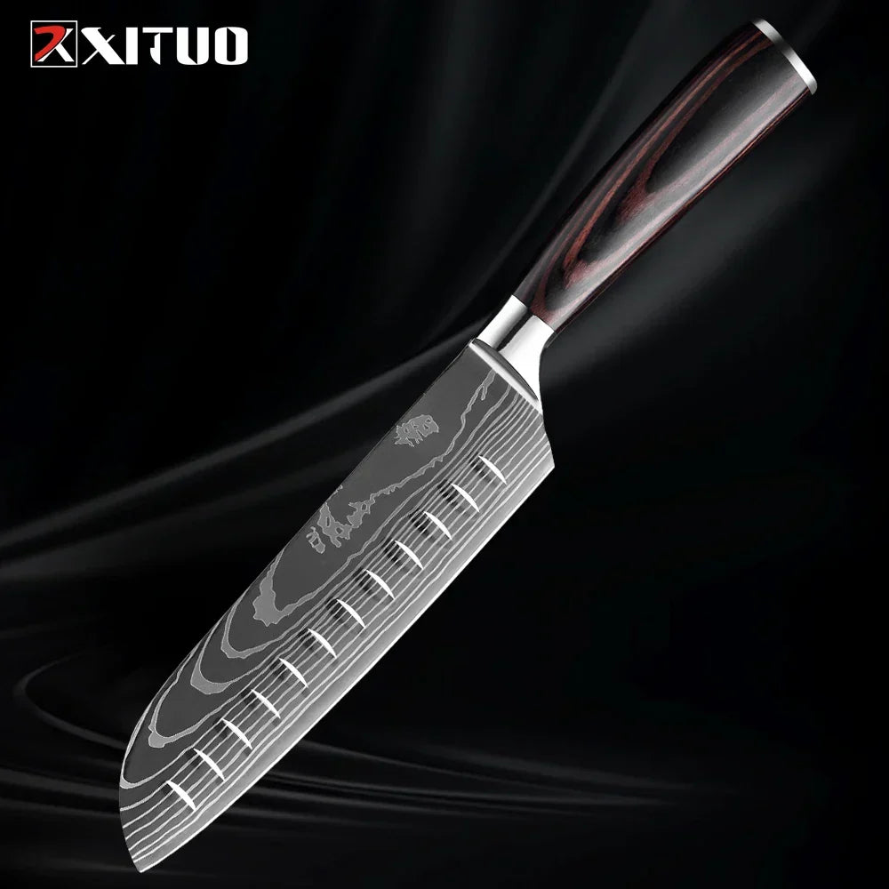 Kitchen Knife Collection - 1-9 Pieces Stainless Steel Chef, Santoku & Fruit Knives with Ergonomic Pakkawood Grip – 7 inch Santoku Knife