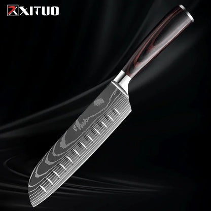 Kitchen Knife Collection - 1-9 Pieces Stainless Steel Chef, Santoku & Fruit Knives with Ergonomic Pakkawood Grip – 7 inch Santoku Knife