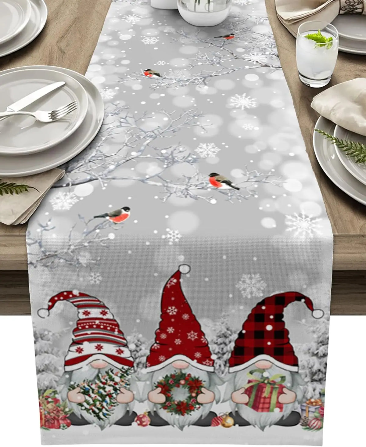 Christmas Table Runner with Snowflake and Gnome Design – Luxe Linen – A White