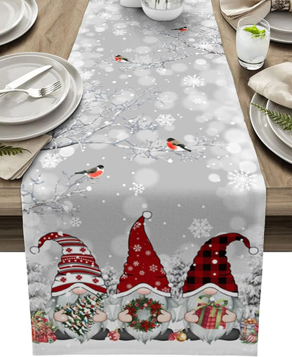 Christmas Table Runner with Snowflake and Gnome Design – Luxe Linen – A White