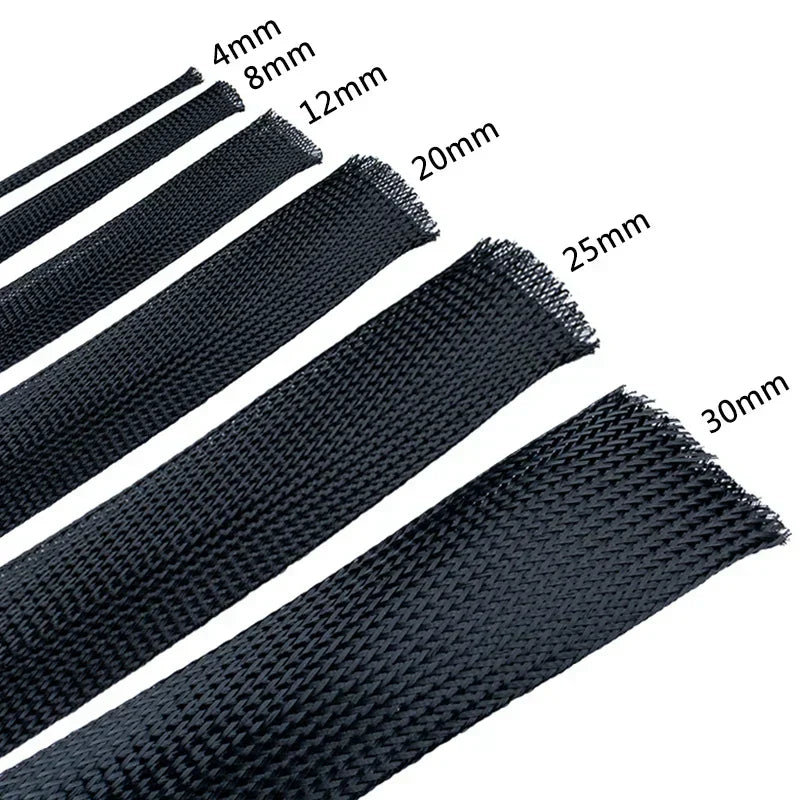 10M Black Insulated Braided Sleeves - PET Cable Protection Tube, Flame-Retardant Nylon Pipe - 4-30mm Narrow Cable Pass-through