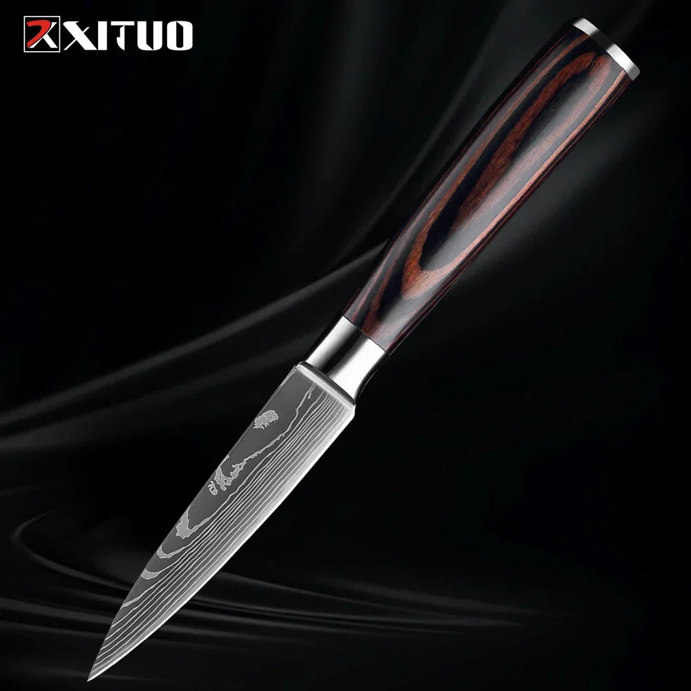 Kitchen Knife Collection - 1-9 Pieces Stainless Steel Chef, Santoku & Fruit Knives with Ergonomic Pakkawood Grip – 3.5 Inch Fruit Knife
