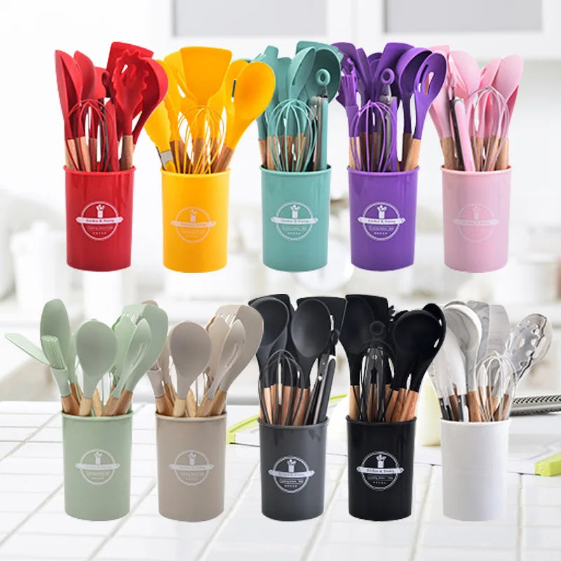 Kitchen Utensil Set - 12-Piece Silicone with Wooden Handle for Cooking, Frying & Serving