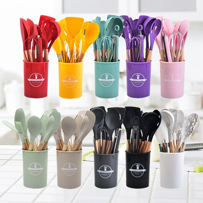 Kitchen Utensil Set - 12-Piece Silicone with Wooden Handle for Cooking, Frying & Serving
