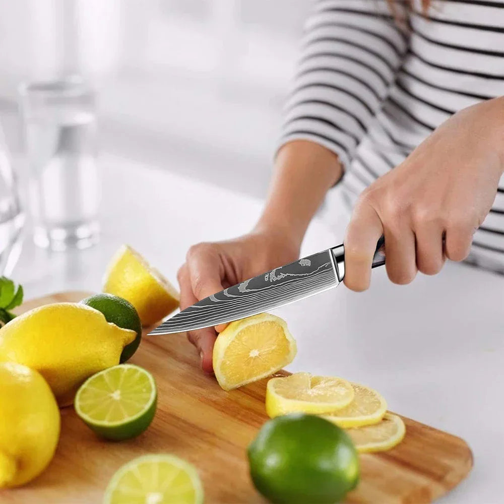 Kitchen Knife Collection - 1-9 Pieces Stainless Steel Chef, Santoku & Fruit Knives with Ergonomic Pakkawood Grip