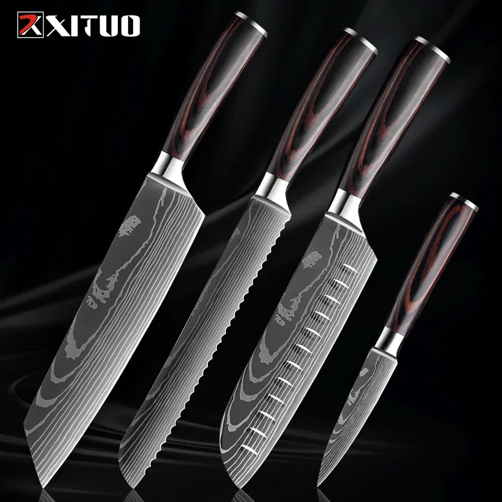Kitchen Knife Collection - 1-9 Pieces Stainless Steel Chef, Santoku & Fruit Knives with Ergonomic Pakkawood Grip – 4PCS Knife B