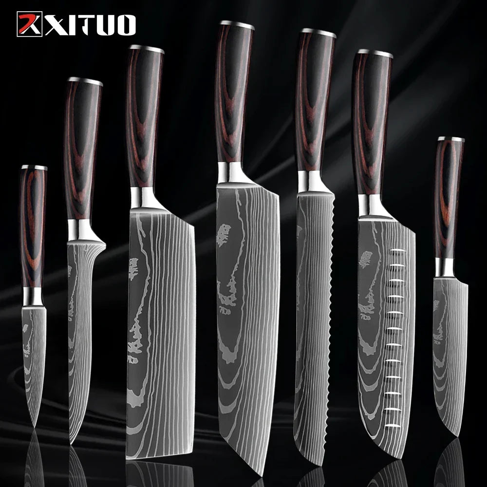 Kitchen Knife Collection - 1-9 Pieces Stainless Steel Chef, Santoku & Fruit Knives with Ergonomic Pakkawood Grip – 7PCS Knife