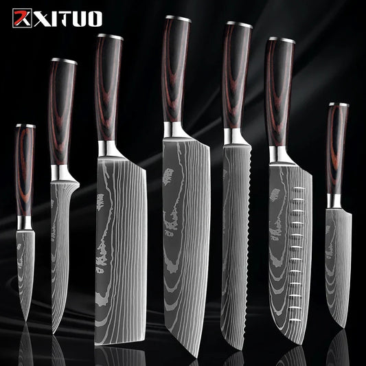 Kitchen Knife Collection - 1-9 Pieces Stainless Steel Chef, Santoku & Fruit Knives with Ergonomic Pakkawood Grip – 7PCS Knife
