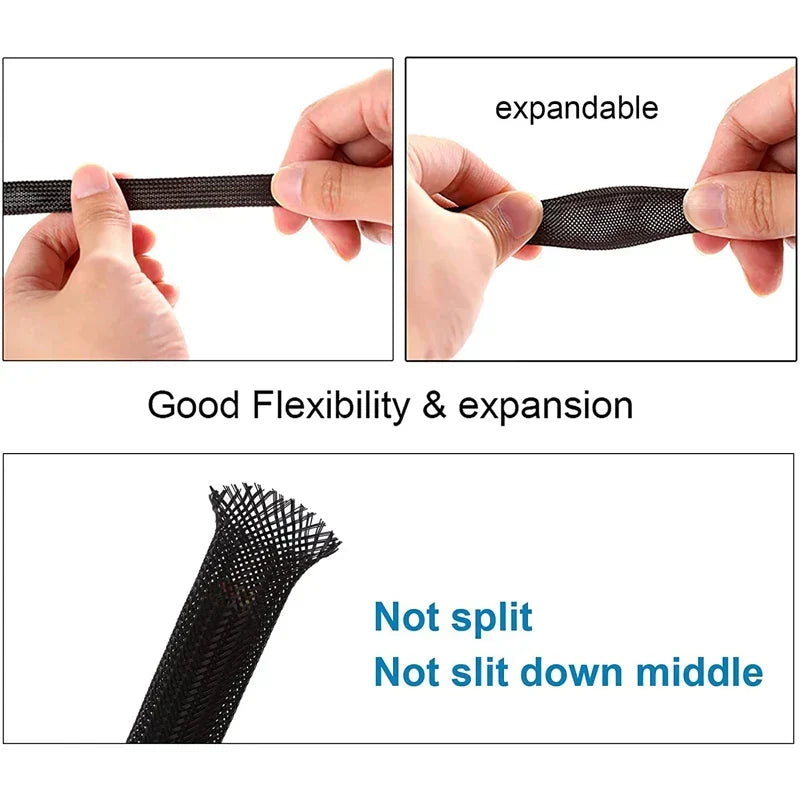 10M Black Insulated Braided Sleeves - PET Cable Protection Tube, Flame-Retardant Nylon Pipe - 4-30mm Narrow Cable Pass-through