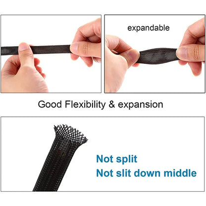10M Black Insulated Braided Sleeves - PET Cable Protection Tube, Flame-Retardant Nylon Pipe - 4-30mm Narrow Cable Pass-through