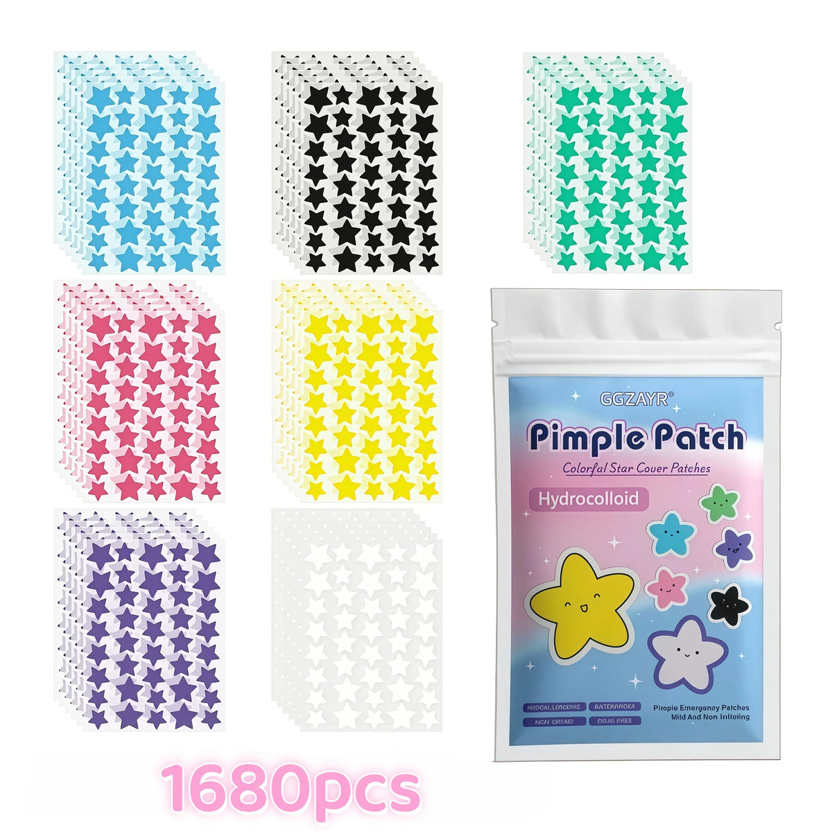 Seven-Color Star Pimple Patches (280/1120/1680pcs) – Fun, Invisible Hydrocolloid Dots for Gentle Skincare