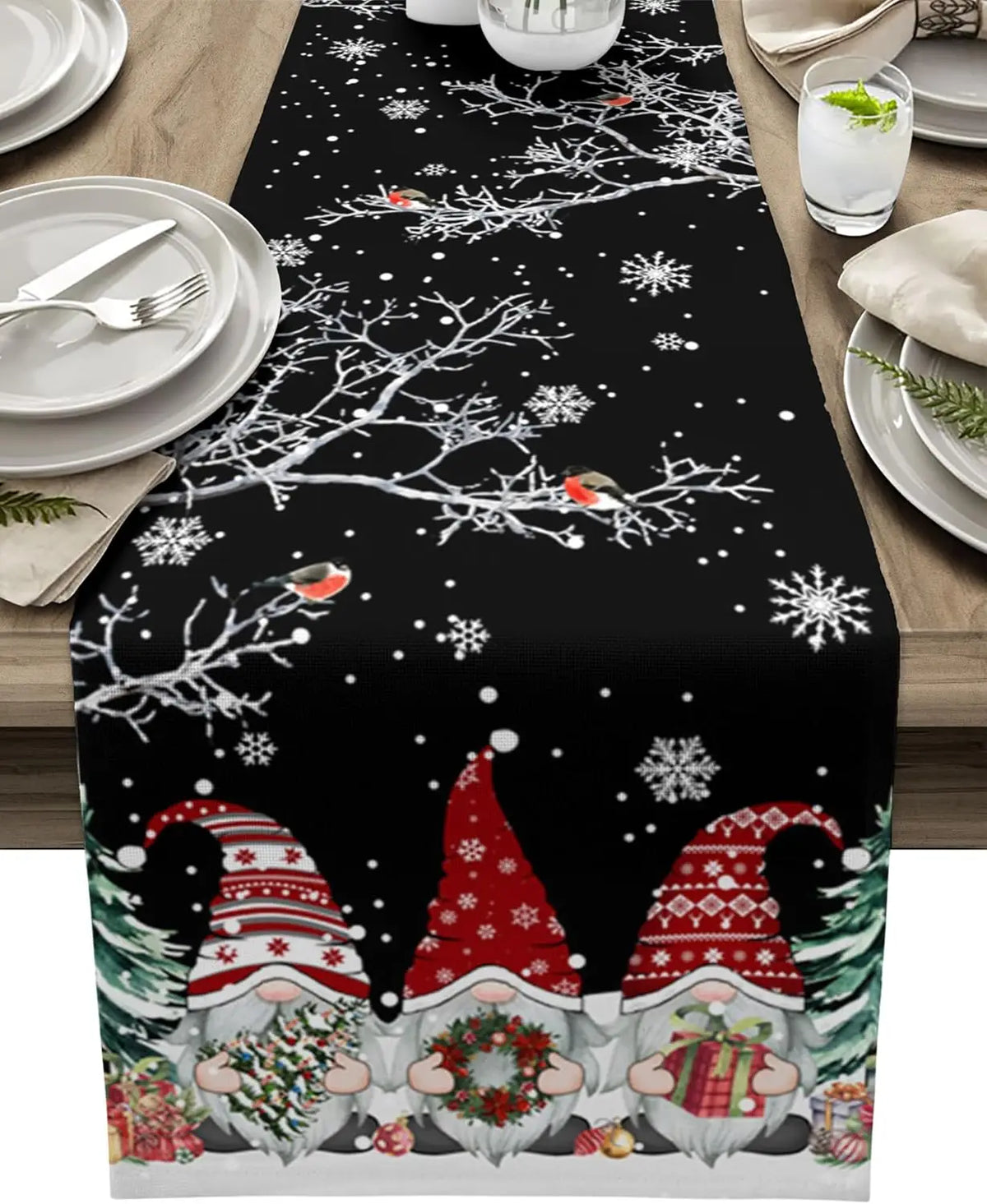 Christmas Table Runner with Snowflake and Gnome Design – Luxe Linen – Black