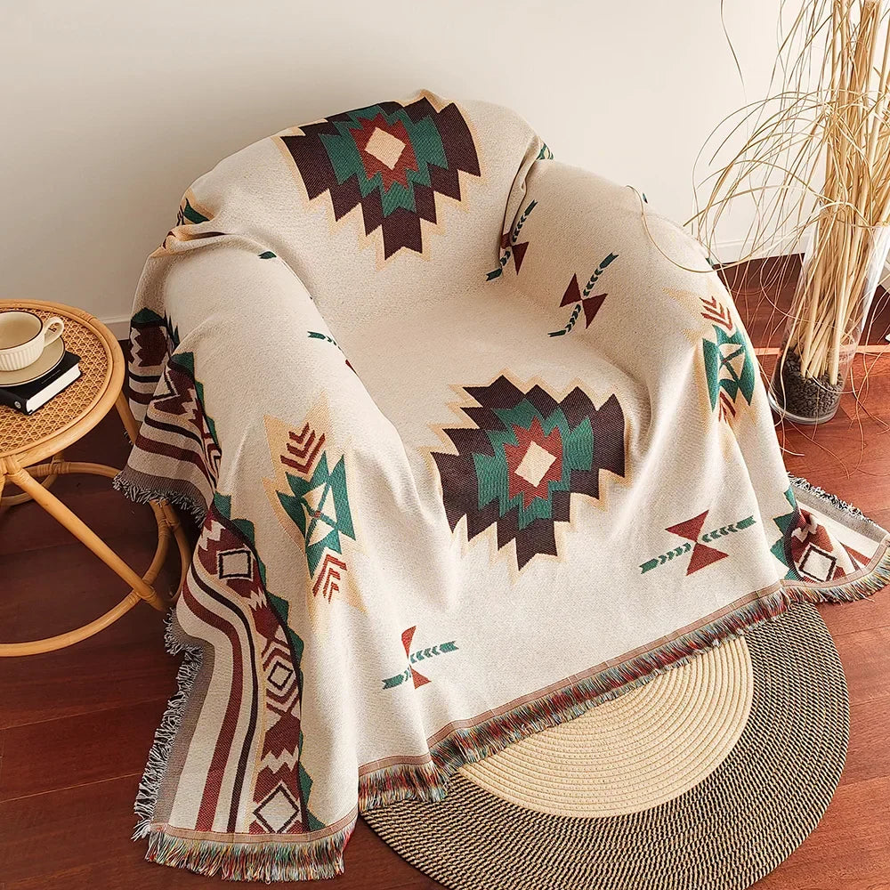 XXL Southwest Ethnic Design Throw Blanket with Fringe Edges - Boho Aztec Checkered Cotton Blend