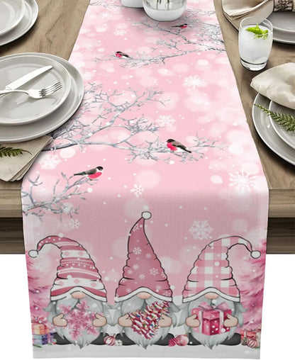 Christmas Table Runner with Snowflake and Gnome Design – Luxe Linen – Pink