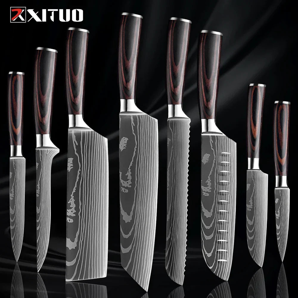 Kitchen Knife Collection - 1-9 Pieces Stainless Steel Chef, Santoku & Fruit Knives with Ergonomic Pakkawood Grip – 8PCS Knife