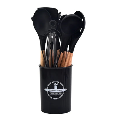Kitchen Utensil Set - 12-Piece Silicone with Wooden Handle for Cooking, Frying & Serving – Black
