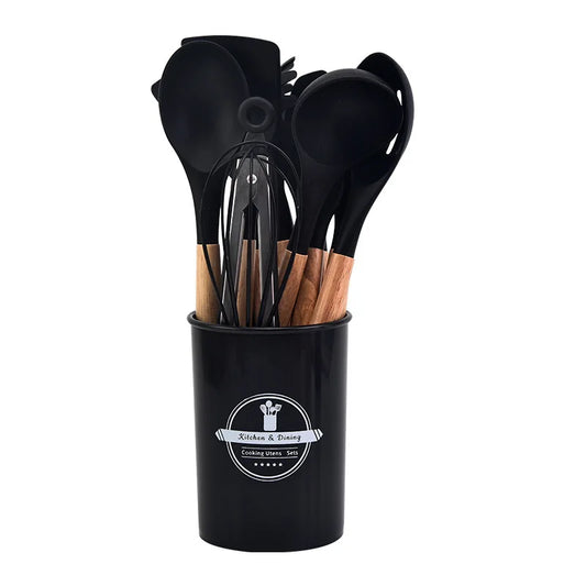 Kitchen Utensil Set - 12-Piece Silicone with Wooden Handle for Cooking, Frying & Serving – Black