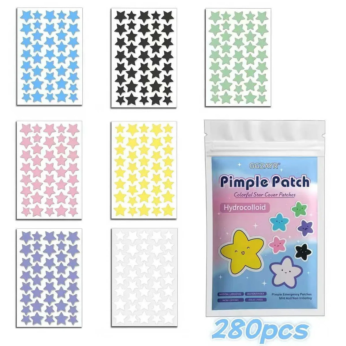 Seven-Color Star Pimple Patches (280/1120/1680pcs) – Fun, Invisible Hydrocolloid Dots for Gentle Skincare
