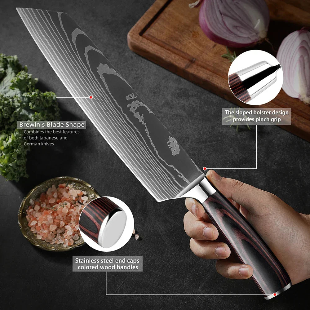 Kitchen Knife Collection - 1-9 Pieces Stainless Steel Chef, Santoku & Fruit Knives with Ergonomic Pakkawood Grip