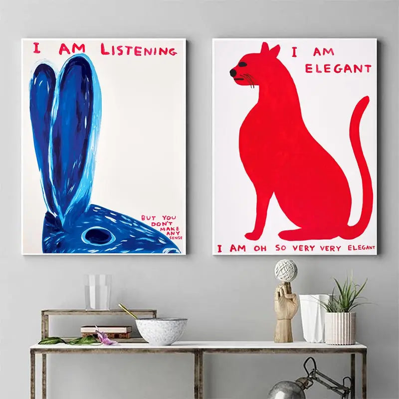 Abstract Canvas Print of Rabbit and Cat with Wine and Biscuit - Nordic Wall Art for Living Room Decor