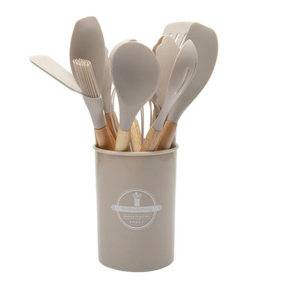 Kitchen Utensil Set - 12-Piece Silicone with Wooden Handle for Cooking, Frying & Serving – Khaki