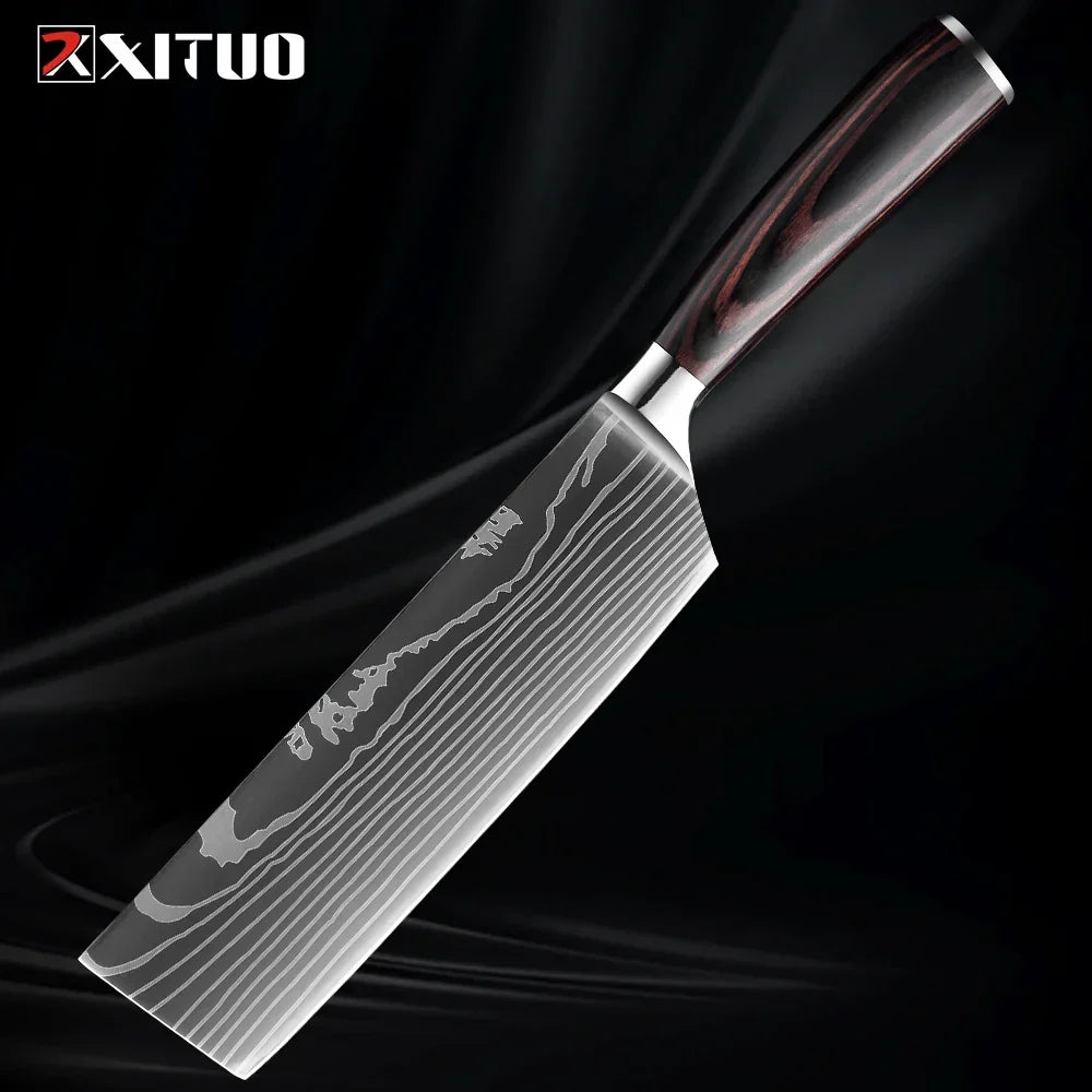 Kitchen Knife Collection - 1-9 Pieces Stainless Steel Chef, Santoku & Fruit Knives with Ergonomic Pakkawood Grip – 7 inch Nakiri Knife