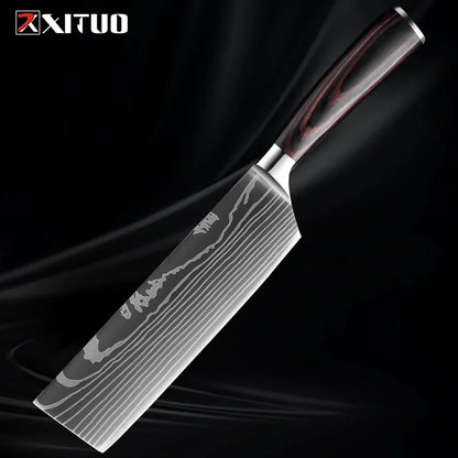 Kitchen Knife Collection - 1-9 Pieces Stainless Steel Chef, Santoku & Fruit Knives with Ergonomic Pakkawood Grip – 7 inch Nakiri Knife