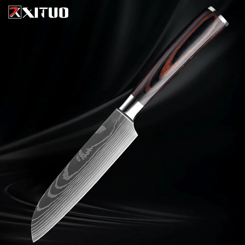 Kitchen Knife Collection - 1-9 Pieces Stainless Steel Chef, Santoku & Fruit Knives with Ergonomic Pakkawood Grip – 5 inch Santoku Knife