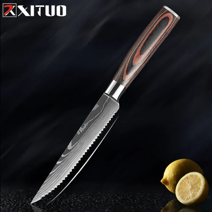 Kitchen Knife Collection - 1-9 Pieces Stainless Steel Chef, Santoku & Fruit Knives with Ergonomic Pakkawood Grip – 5 inch Steak Knife