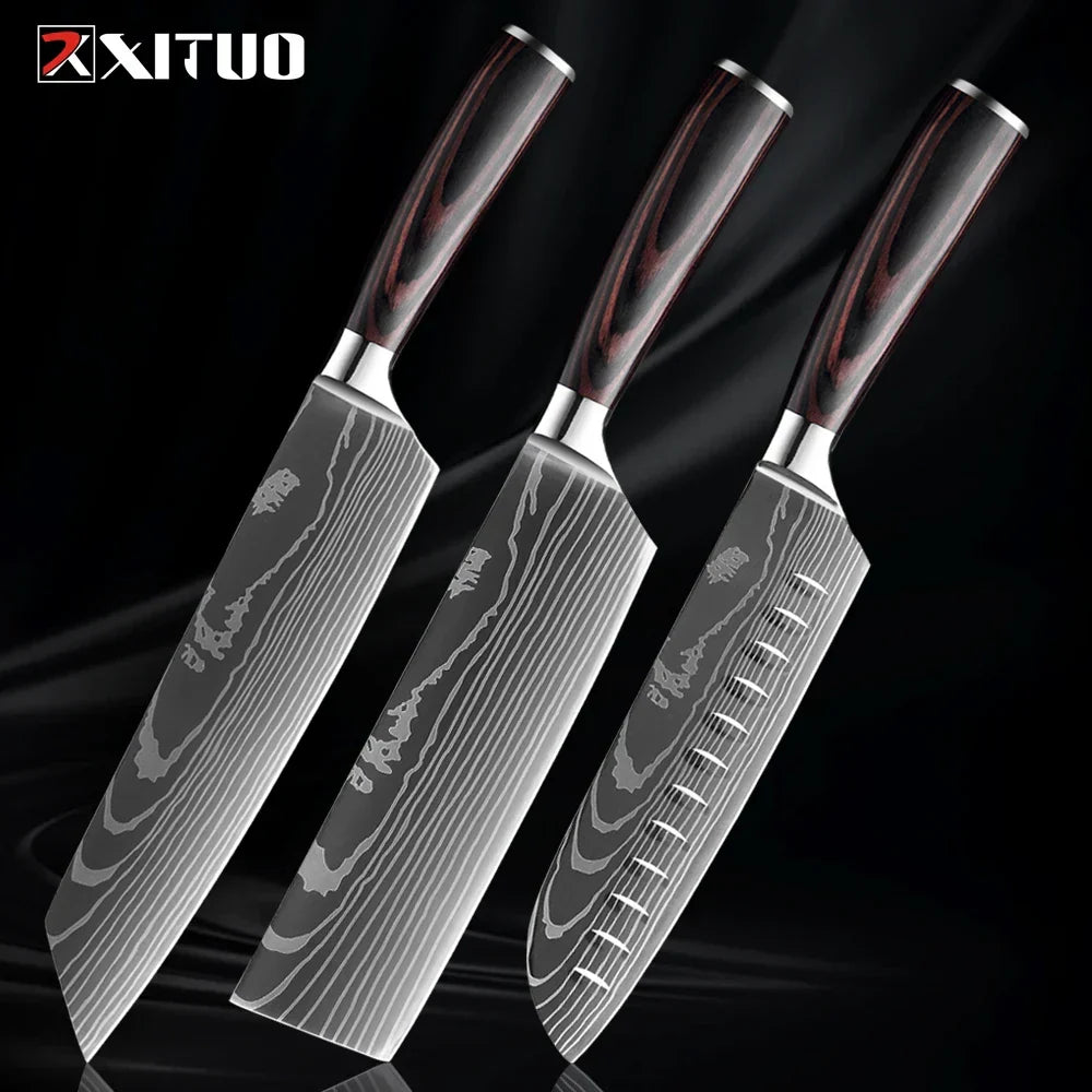 Kitchen Knife Collection - 1-9 Pieces Stainless Steel Chef, Santoku & Fruit Knives with Ergonomic Pakkawood Grip – 3PCS Knife A
