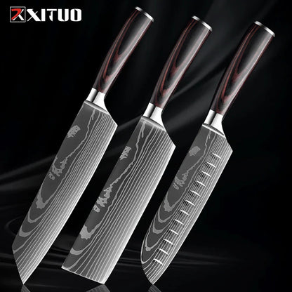 Kitchen Knife Collection - 1-9 Pieces Stainless Steel Chef, Santoku & Fruit Knives with Ergonomic Pakkawood Grip – 3PCS Knife A