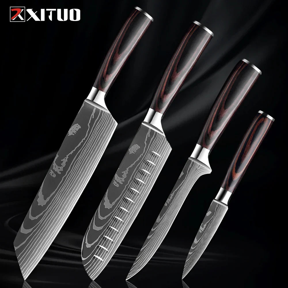 Kitchen Knife Collection - 1-9 Pieces Stainless Steel Chef, Santoku & Fruit Knives with Ergonomic Pakkawood Grip – 4PCS Knife A