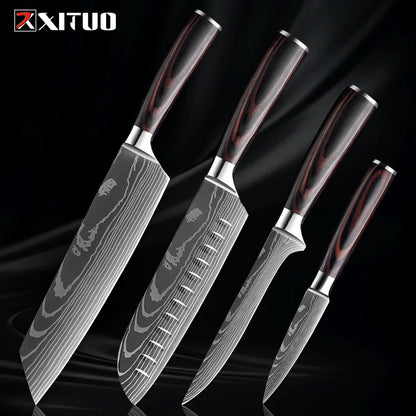 Kitchen Knife Collection - 1-9 Pieces Stainless Steel Chef, Santoku & Fruit Knives with Ergonomic Pakkawood Grip – 4PCS Knife A
