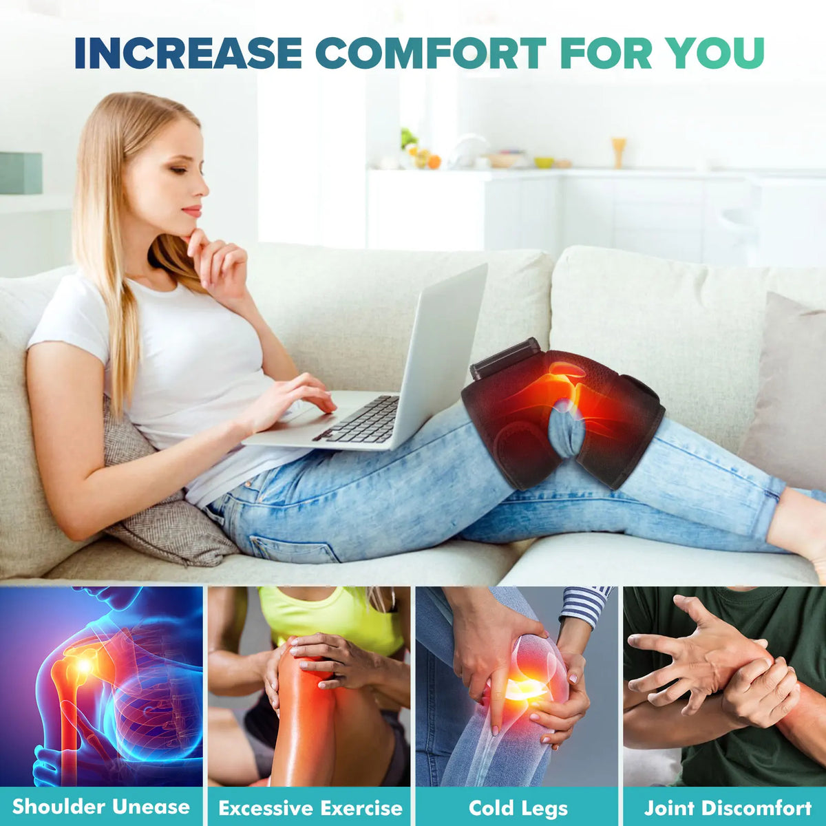 Vibrating Cordless Knee Massage Pad – 3 Heat Settings, 3 Modes, 4000mAh Battery, Adjustable Straps