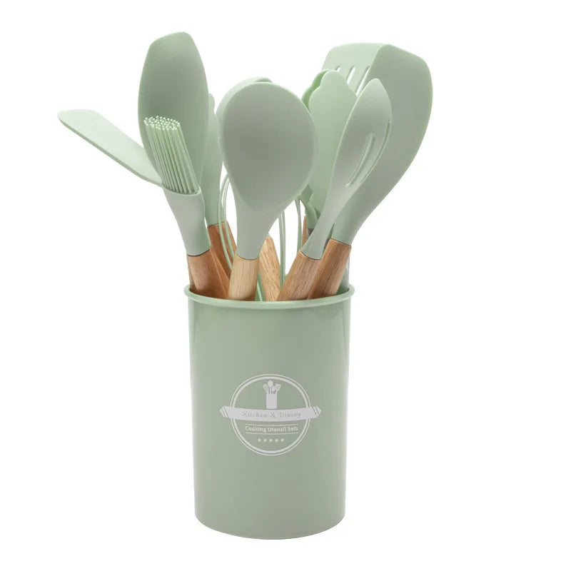 Kitchen Utensil Set - 12-Piece Silicone with Wooden Handle for Cooking, Frying & Serving – Light Green