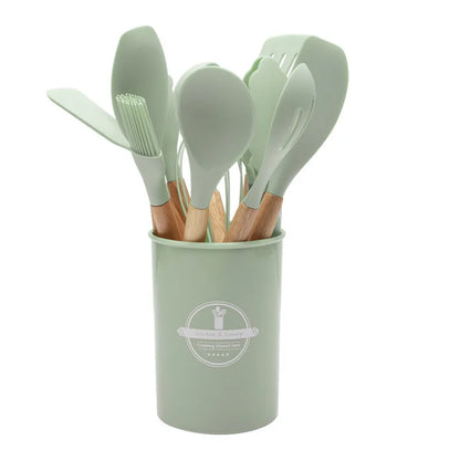 Kitchen Utensil Set - 12-Piece Silicone with Wooden Handle for Cooking, Frying & Serving – Light Green