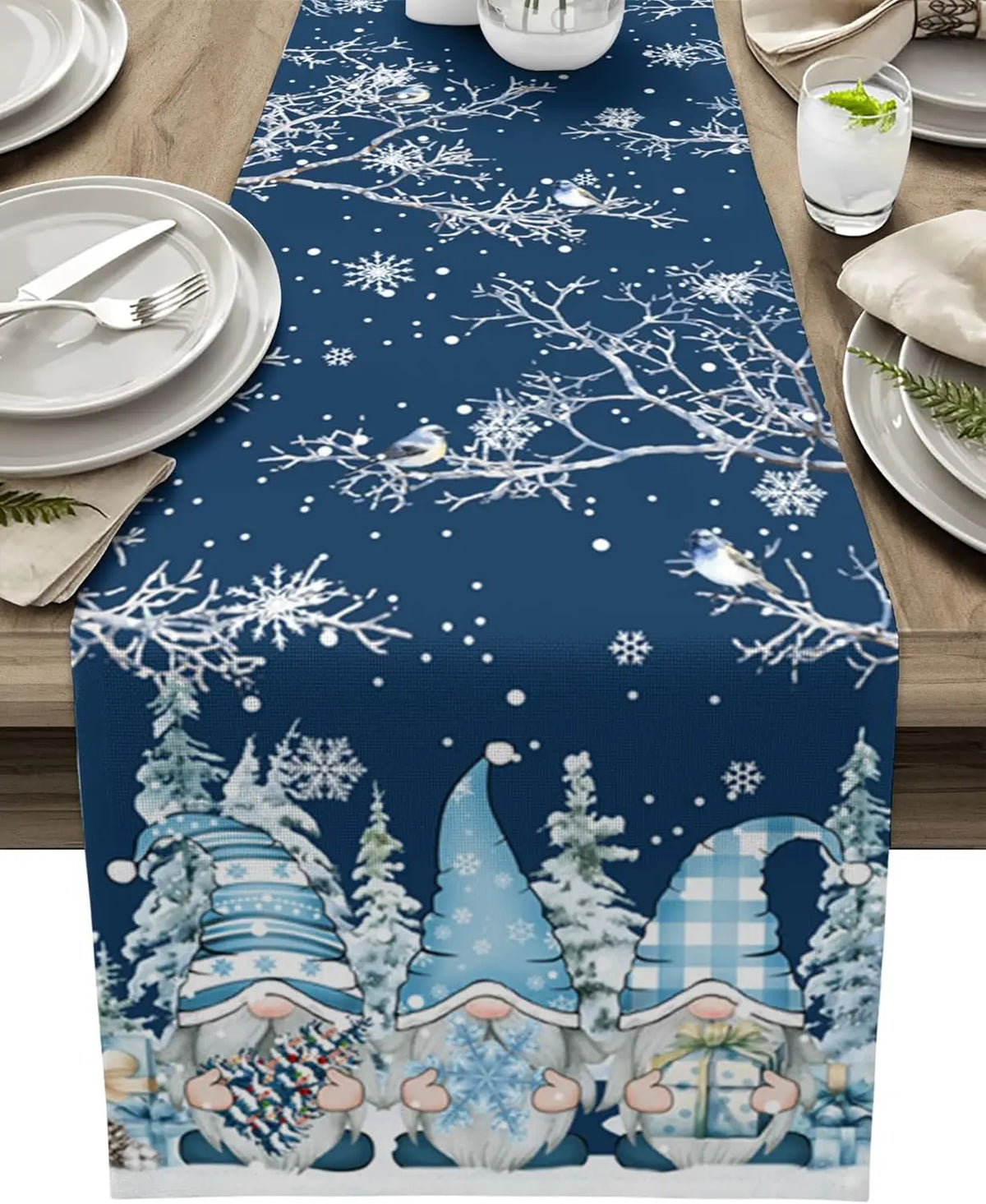 Christmas Table Runner with Snowflake and Gnome Design – Luxe Linen – Blue