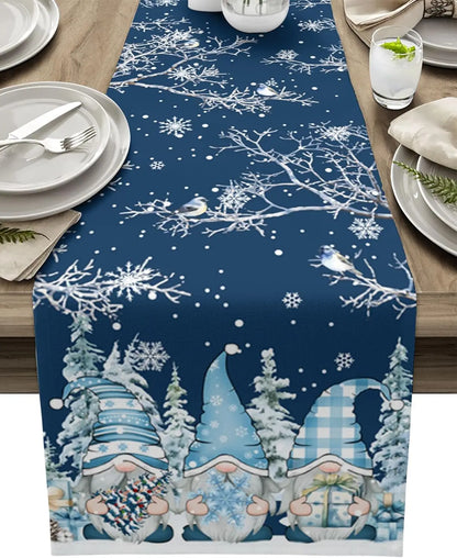 Christmas Table Runner with Snowflake and Gnome Design – Luxe Linen – Blue