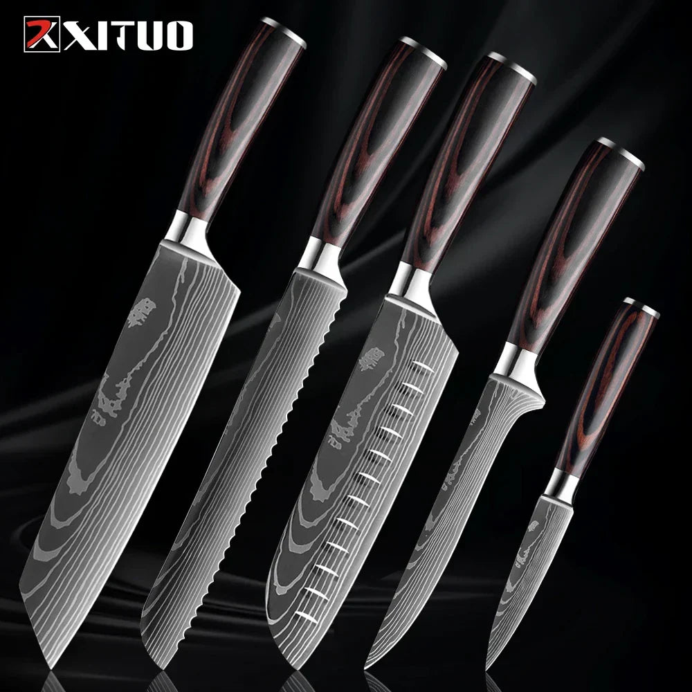 Kitchen Knife Collection - 1-9 Pieces Stainless Steel Chef, Santoku & Fruit Knives with Ergonomic Pakkawood Grip – 5PCS Knife
