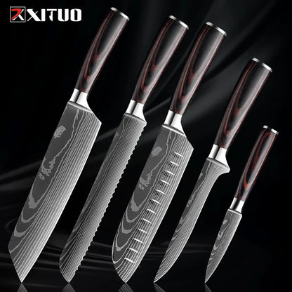Kitchen Knife Collection - 1-9 Pieces Stainless Steel Chef, Santoku & Fruit Knives with Ergonomic Pakkawood Grip – 5PCS Knife