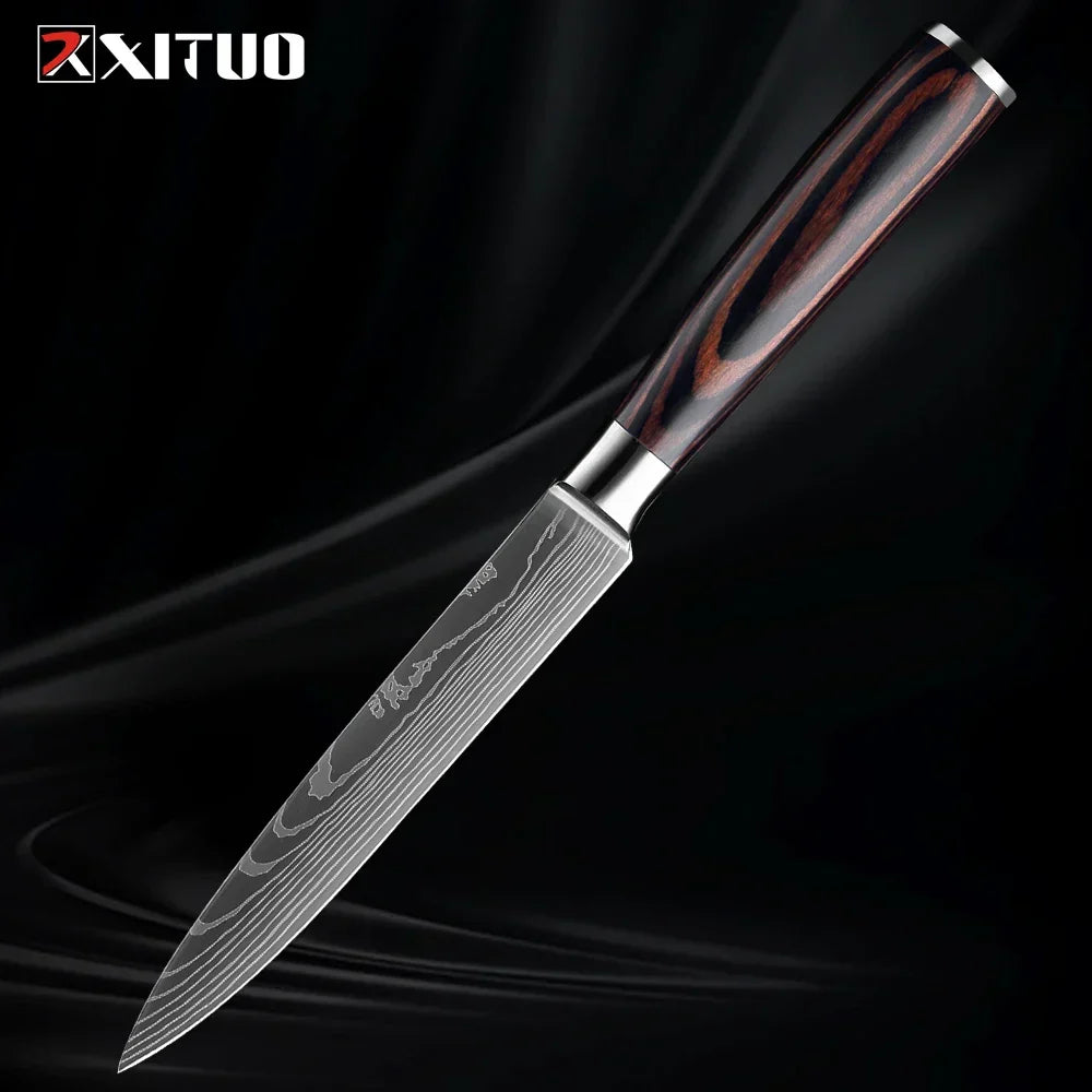 Kitchen Knife Collection - 1-9 Pieces Stainless Steel Chef, Santoku & Fruit Knives with Ergonomic Pakkawood Grip – 5 inch Utility Knife