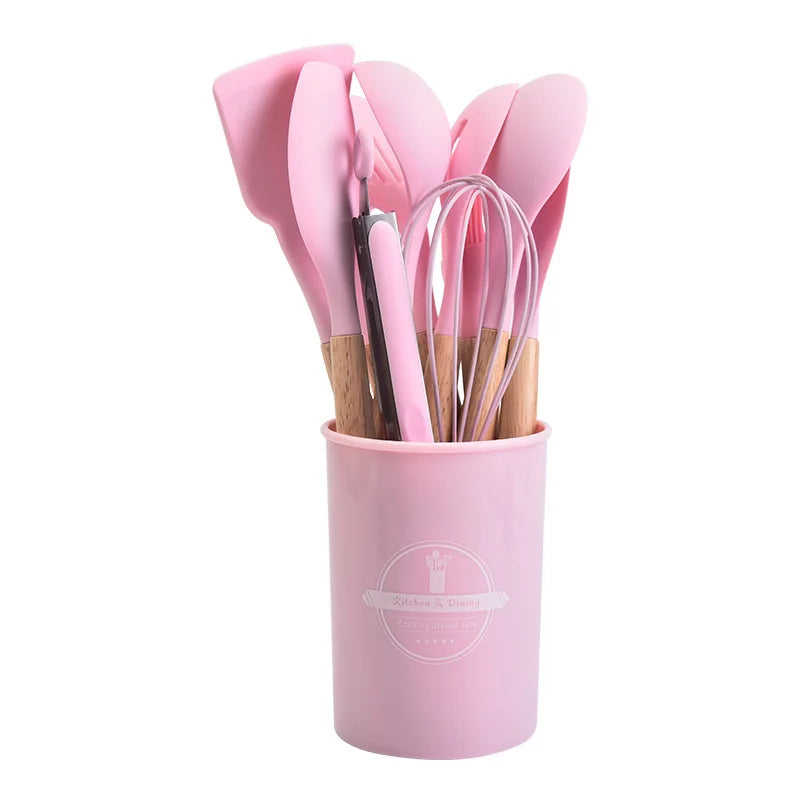 Kitchen Utensil Set - 12-Piece Silicone with Wooden Handle for Cooking, Frying & Serving – Pink