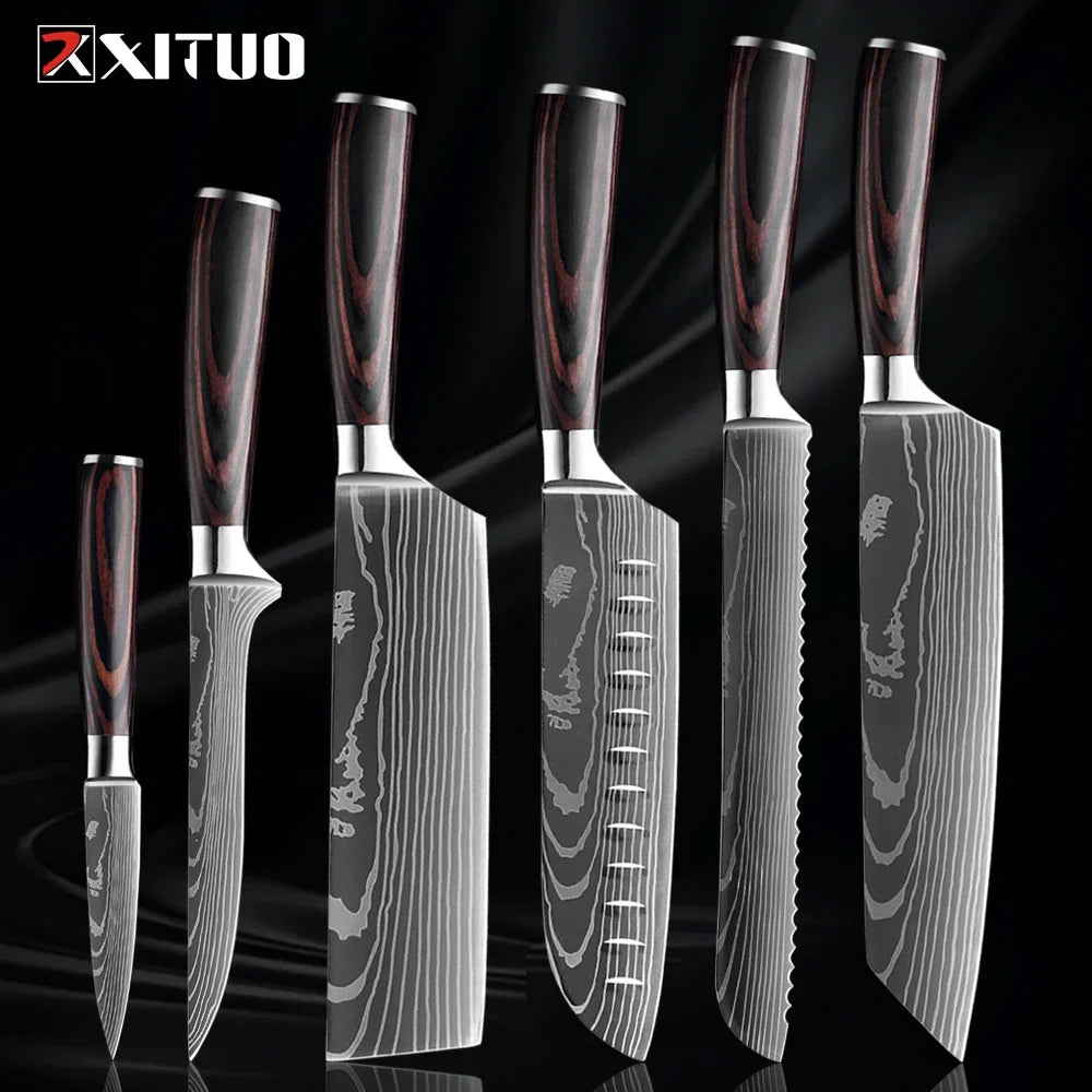 Kitchen Knife Collection - 1-9 Pieces Stainless Steel Chef, Santoku & Fruit Knives with Ergonomic Pakkawood Grip – 6PCS Knife