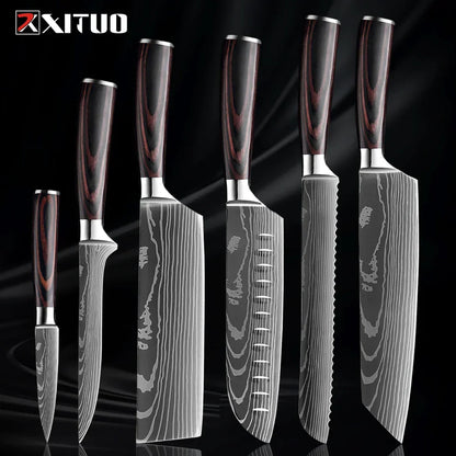 Kitchen Knife Collection - 1-9 Pieces Stainless Steel Chef, Santoku & Fruit Knives with Ergonomic Pakkawood Grip – 6PCS Knife