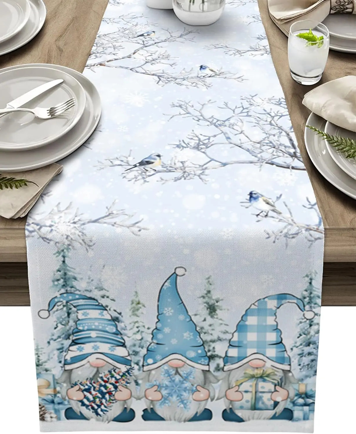 Christmas Table Runner with Snowflake and Gnome Design – Luxe Linen – B White