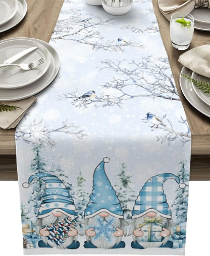 Christmas Table Runner with Snowflake and Gnome Design – Luxe Linen – B White