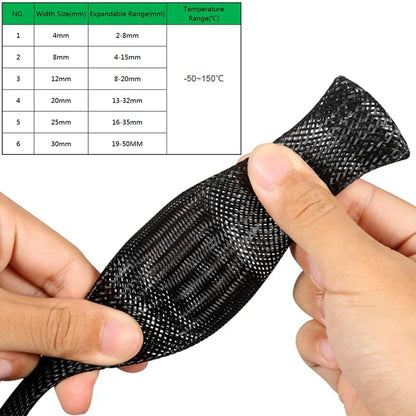 10M Black Insulated Braided Sleeves - PET Cable Protection Tube, Flame-Retardant Nylon Pipe - 4-30mm Narrow Cable Pass-through