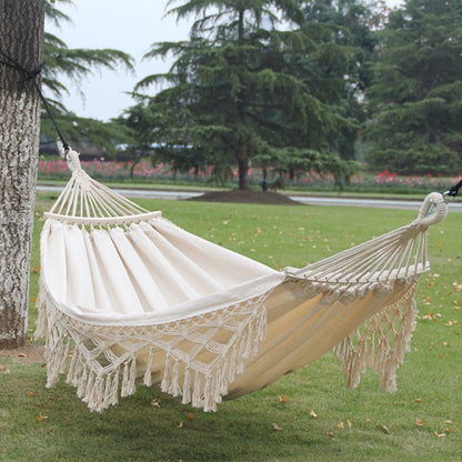 Double Canvas Hammock with Tassels and Stick for Outdoor Camping - 200x150cm (White)